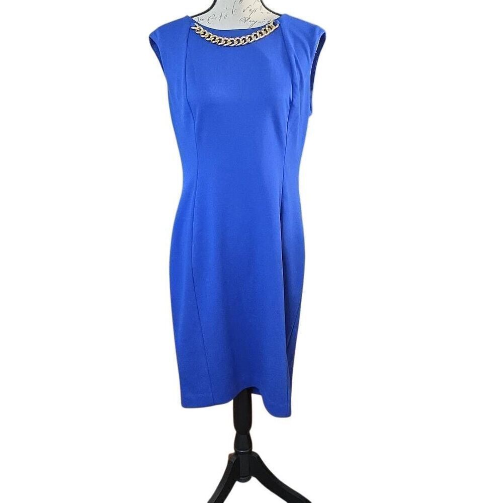 Calvin Klein Womens Sz 12 Royal Blue Gold Chain Neckline Sleeveless Sheath Dress